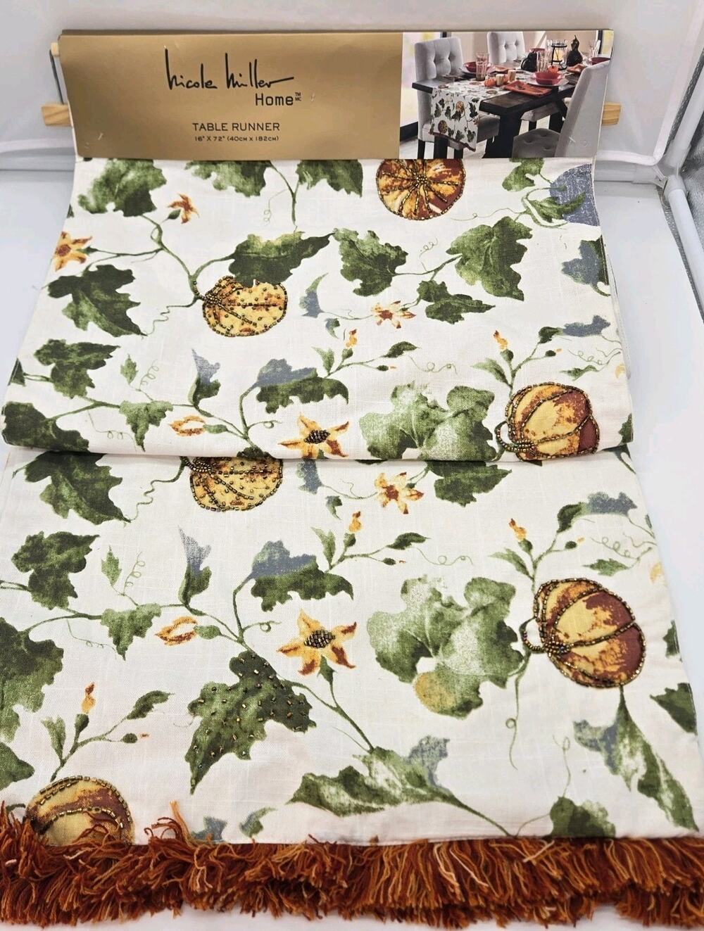 Nicole Miller Fall Harvest Holiday Gold BEADED Pumpkin 16x72” Table Runner NWT